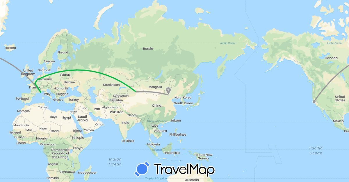 TravelMap itinerary: driving, bus, plane in Belgium, China, France, Russia, United States (Asia, Europe, North America)